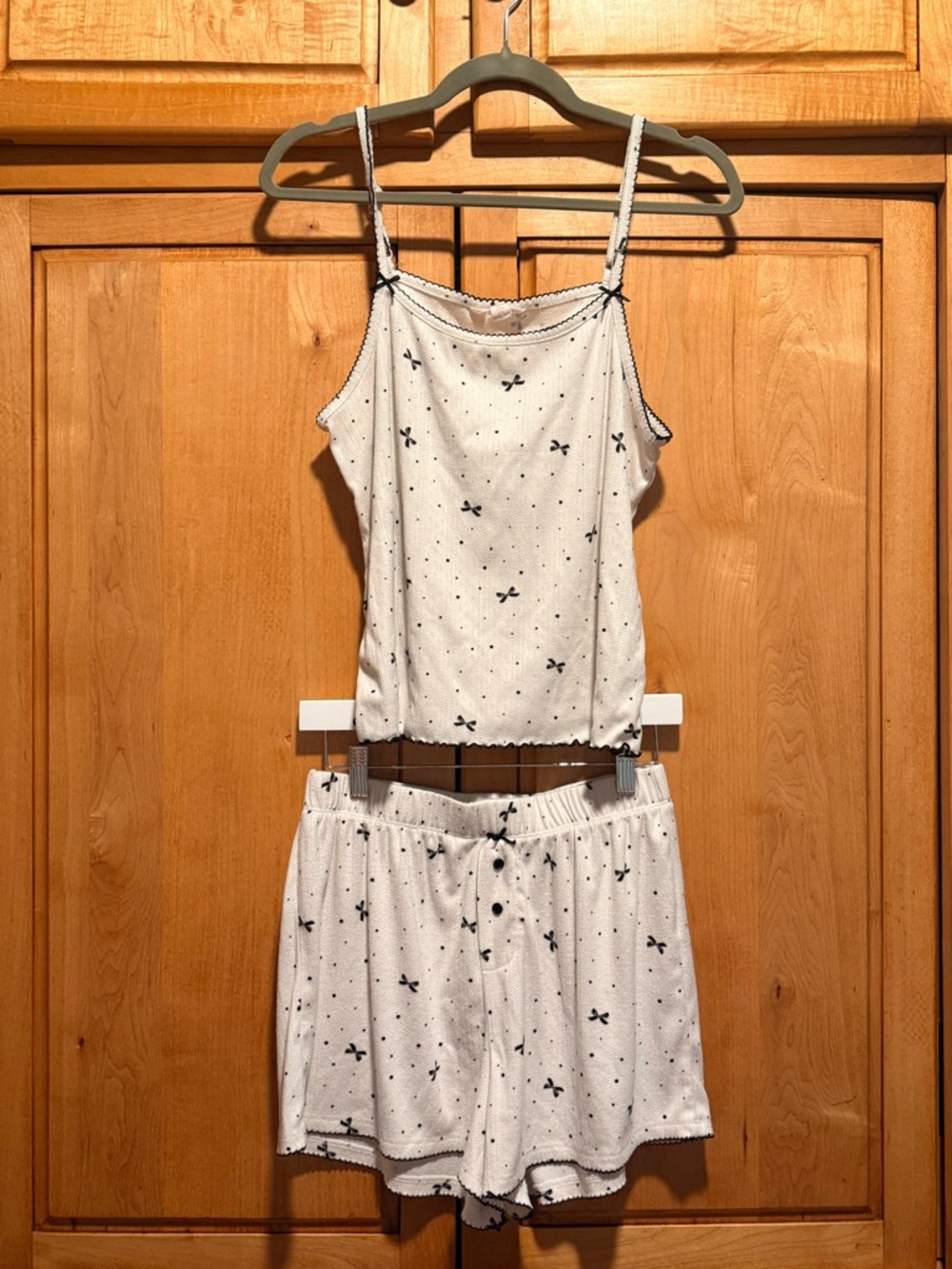 3 Piece White Polka Dot & Bow Pajama Set - Cami Top & Shorts & Pants